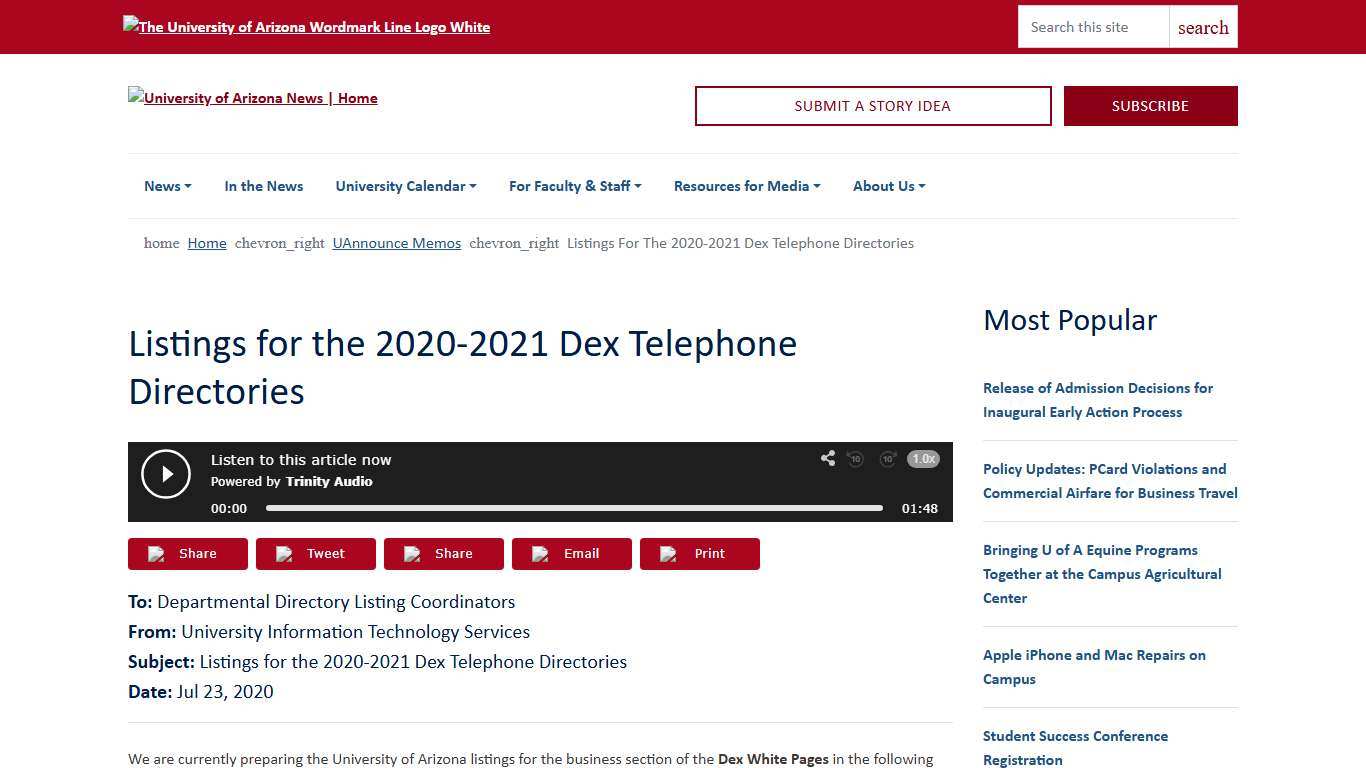 Listings for the 2020-2021 Dex Telephone Directories University of Arizona News